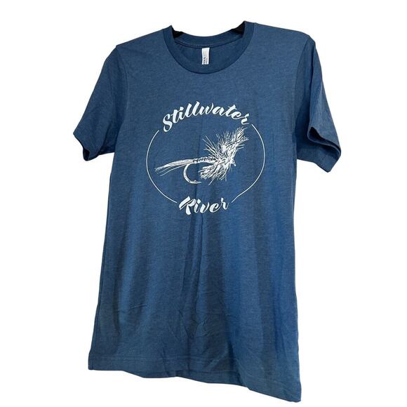 Stillwater River Montana Fly Fishing XS Extra Small Tee Shirt Blue NWT Unisex - Picture 1 of 7